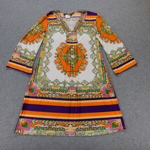 Pyramid Collection Womens Dress Sm Orange Colorful Bright Pattern Stretch VNeck